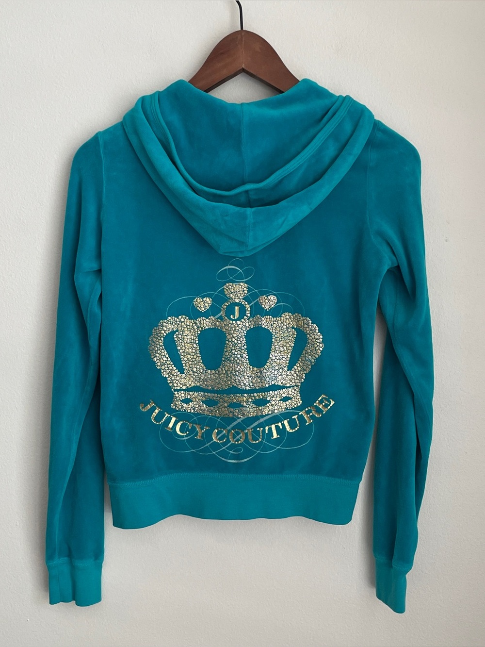 Juicy Couture Vintage Y2K Velour Zip Up Hoodie Rhinestone Crown Teal Blue Medium